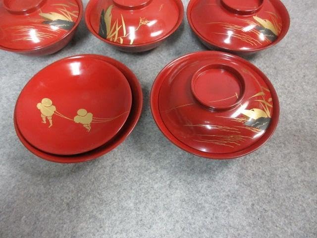 朱塗 蒔絵 風景 梅椀 5個 B22256 朱塗 蒔絵 風景 梅椀 5